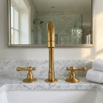 Unlacquered Brass Widespread Vanity Faucet with Lever Handles