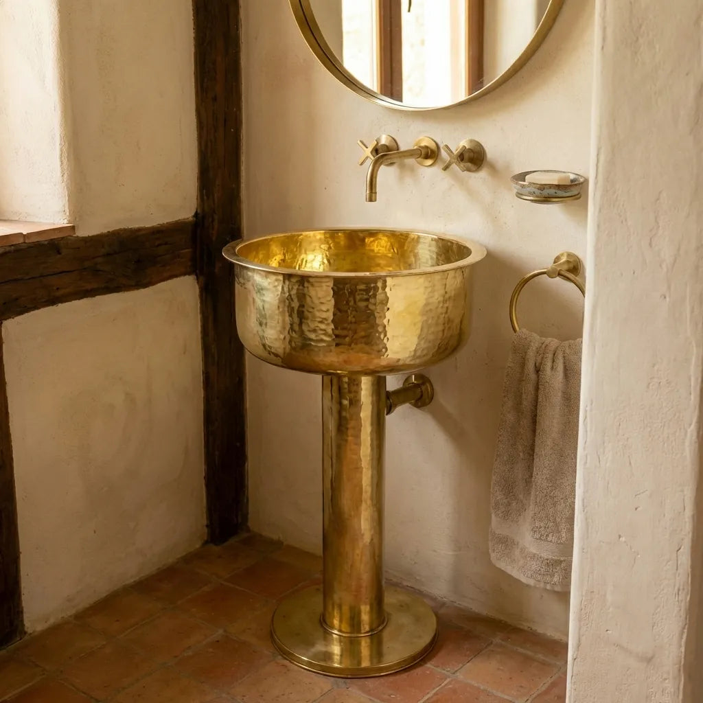 Round Hammered Brass Pedestal Sink – Handmade Unlacquered Vintage Basin