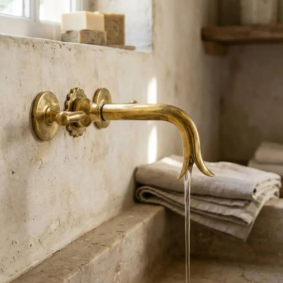 Handmade Unlacquered Brass Wall Basin Faucet – Vintage 3-Hole Design