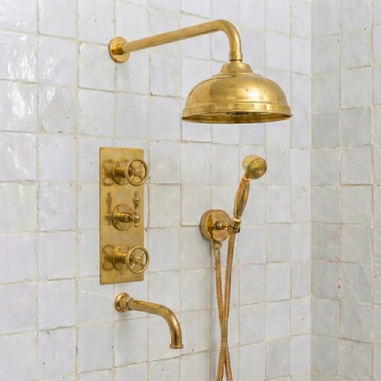 Heritage Unlacquered Brass Wall-Mount Shower System with Rain Head & Handheld