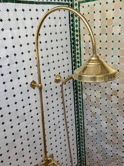 Unlacquered Brass Shower System with Handheld And Vintage Head Combo, Exposed Pipe