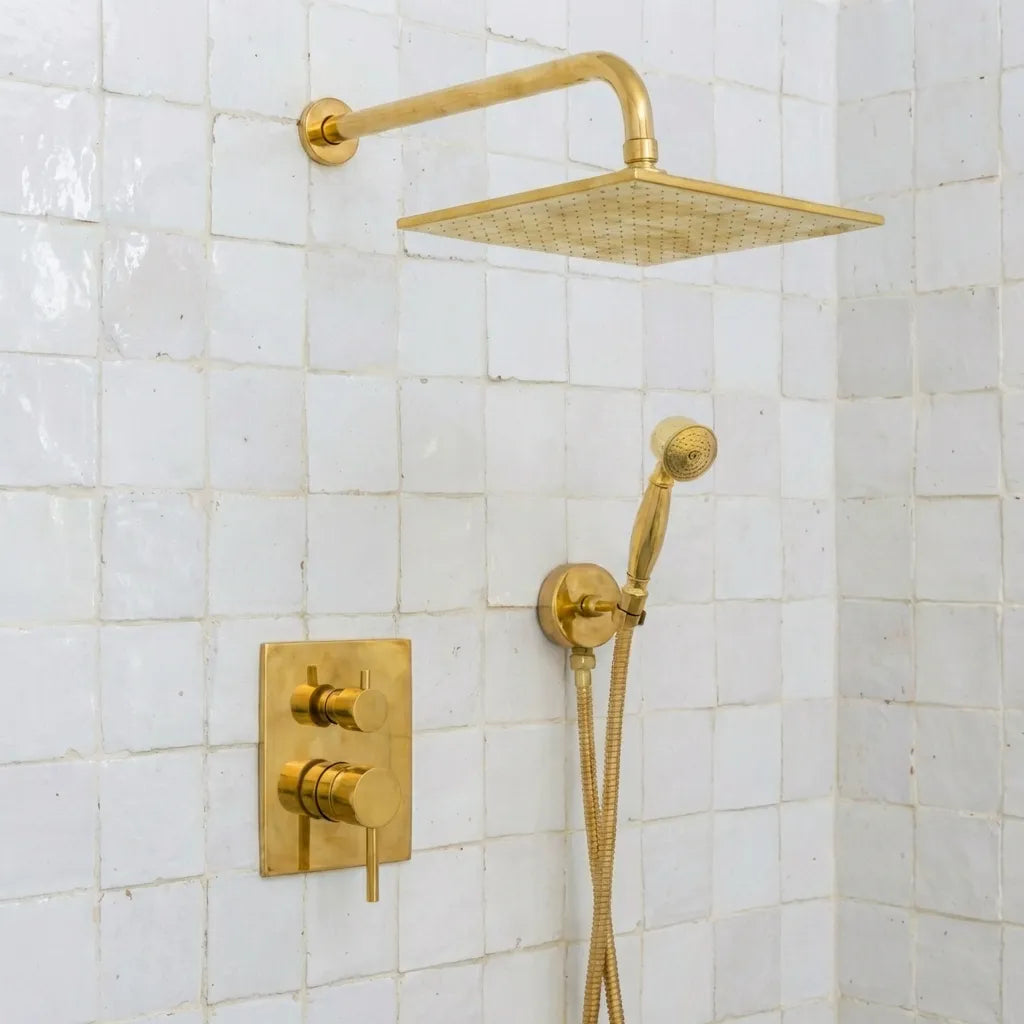 Luxury Unlacquered Brass Rain Shower System – Wall Mounted with Handheld Sprayer