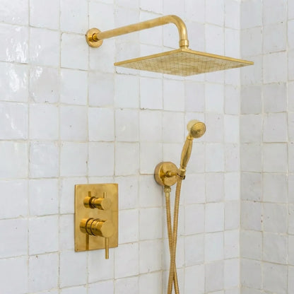 Luxury Unlacquered Brass Rain Shower System – Wall Mounted with Handheld Sprayer
