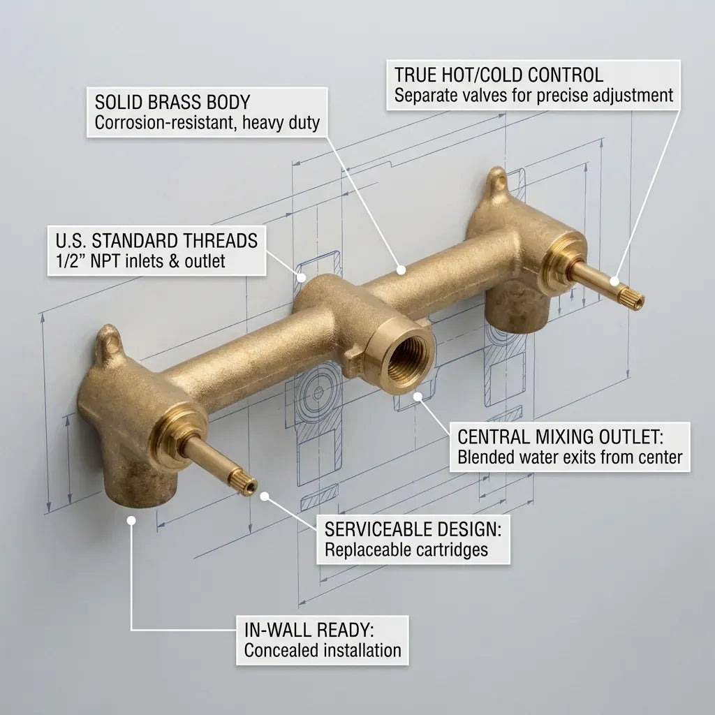 Handcrafted Three-Hole Unlacquered Brass Wall Mounted Vanity Faucet