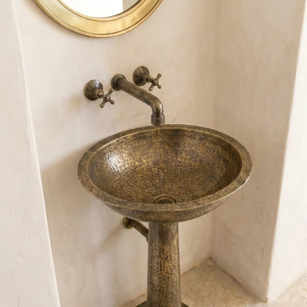 Freestanding Vintage Patina Brass Pedestal Sink – Handmade Old-World Bathroom Sink