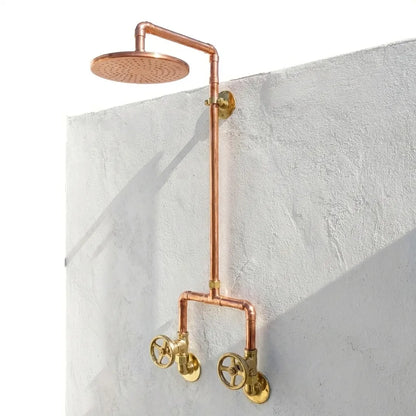 Handcrafted Copper Rainfall Outdoor Shower System with Dual Handle Valves – Wall Mounted Rustic Luxury Garden Shower Fixture
