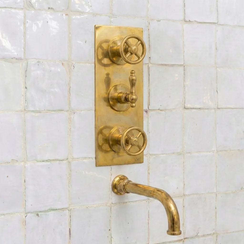 Heritage Unlacquered Brass Wall-Mount Shower System with Rain Head & Handheld