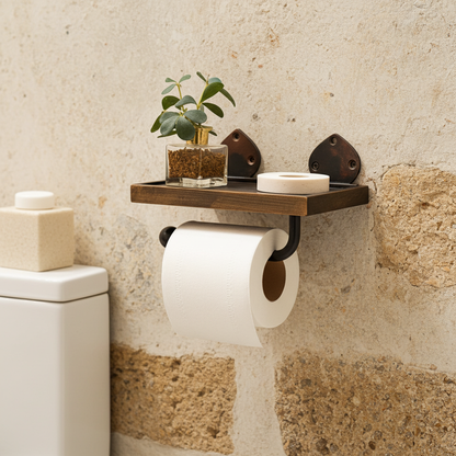 Handmade Aged Copper Toilet Paper Holder with Shelf – Rustic Wall Mounted Bathroom Hardware