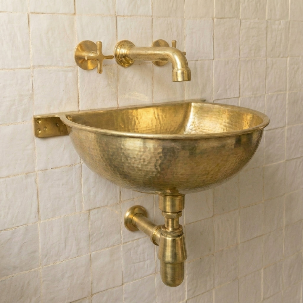 Unlacquered Brass Wall Sink – Hammered Bathroom Basin with Faucet