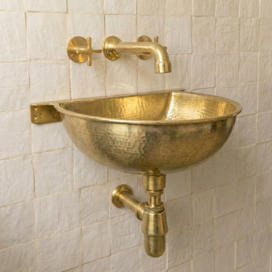 Unlacquered Brass Wall Sink – Hammered Bathroom Basin with Faucet