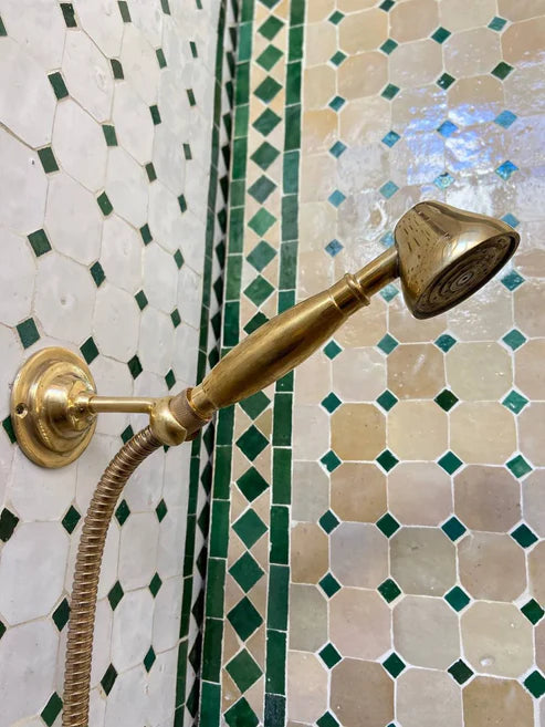 Unlacquered Brass Shower System with Handheld And Vintage Head Combo, Exposed Pipe