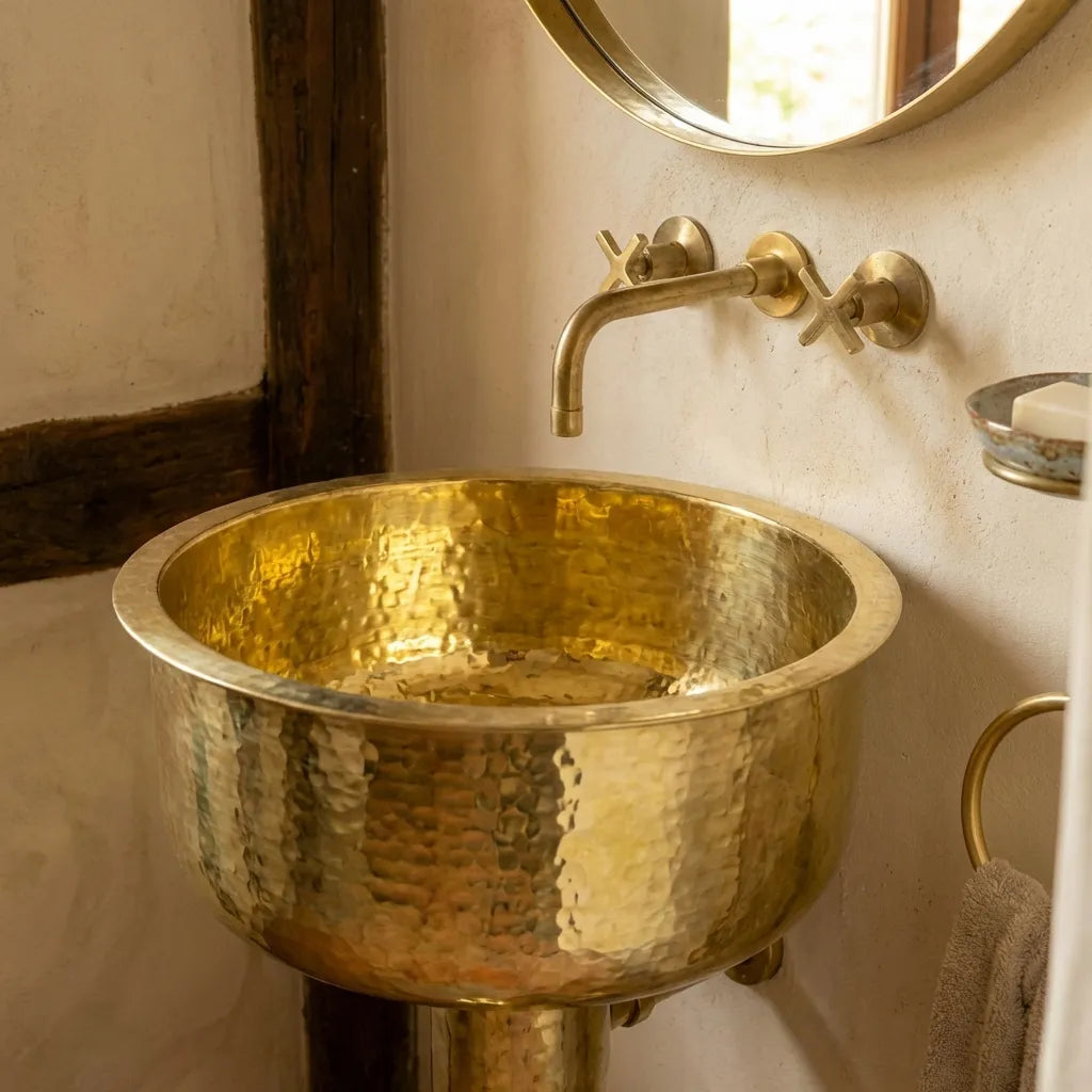 Round Hammered Brass Pedestal Sink – Handmade Unlacquered Vintage Basin
