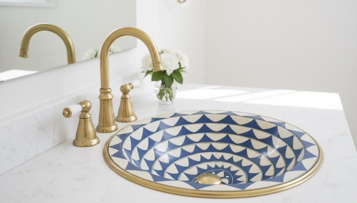 Handmade Brass Sink with Blue and White Geometric Design