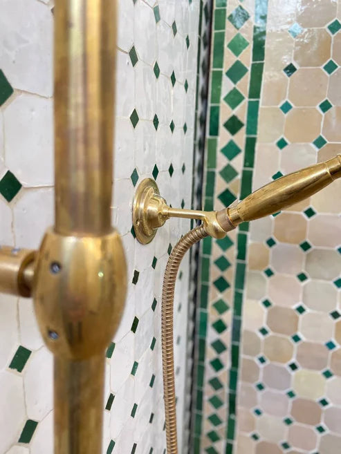 Unlacquered Brass Shower System with Handheld And Vintage Head Combo, Exposed Pipe