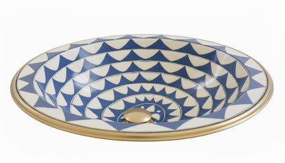 Handmade Brass Sink with Blue and White Geometric Design