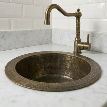 Hammered Antique Brass Bar Sink – Solid Round Drop-In Prep Sink with Aged Patina Finish