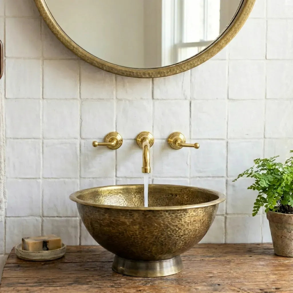Antique Hammered Brass Vessel Sink Top Mount Bathroom Vanity