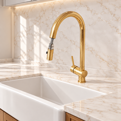 SOLID UNLACQUERED BRASS PULL DOWN KITCHEN FAUCET, SINGLE HOLE BRASS KITCHEN TAP