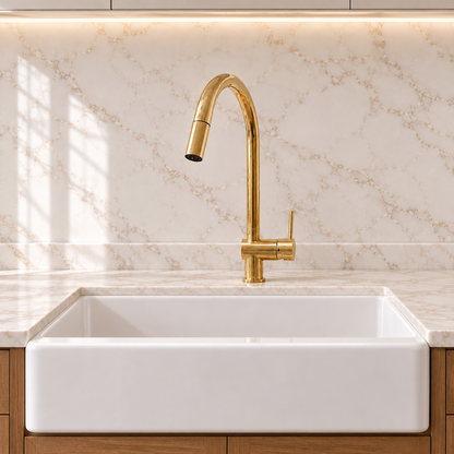 SOLID UNLACQUERED BRASS PULL DOWN KITCHEN FAUCET, SINGLE HOLE BRASS KITCHEN TAP