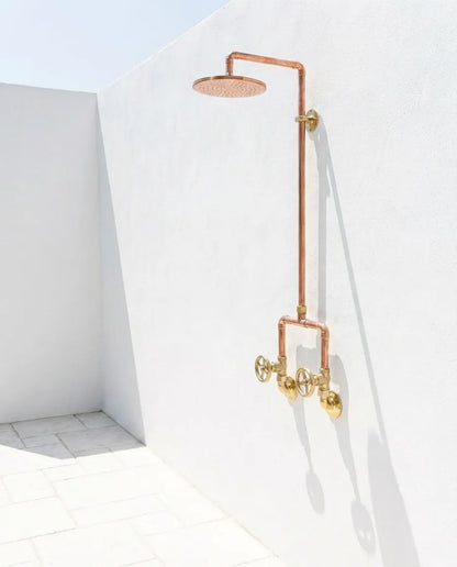 Handcrafted Copper Rainfall Outdoor Shower System with Dual Handle Valves – Wall Mounted Rustic Luxury Garden Shower Fixture