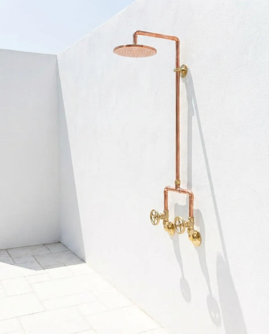 Handcrafted Copper Rainfall Outdoor Shower System with Dual Handle Valves – Wall Mounted Rustic Luxury Garden Shower Fixture
