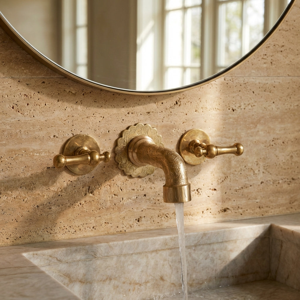 Engraved Brass Wall Faucet Vanity with Lever Handles - Sink Tap