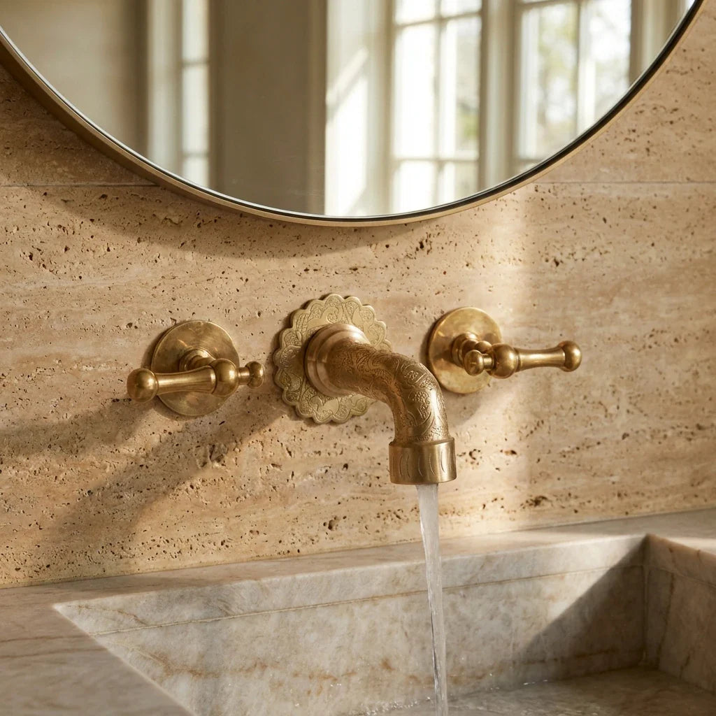 Engraved Brass Wall Faucet Vanity with Lever Handles - Sink Tap