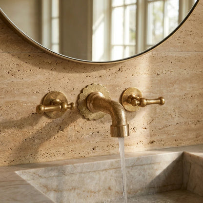 Engraved Brass Wall Faucet Vanity with Lever Handles - Sink Tap