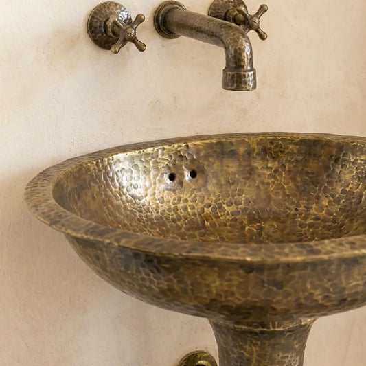 Freestanding Vintage Patina Brass Pedestal Sink – Handmade Old-World Bathroom Sink
