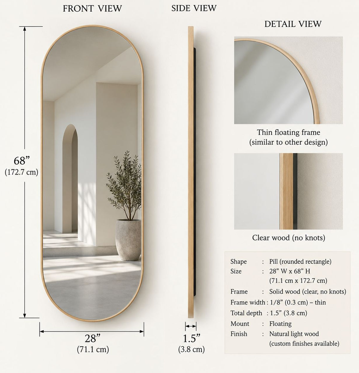 Custom Order – 28” x 68” Solid Wood Frame Pill Mirror