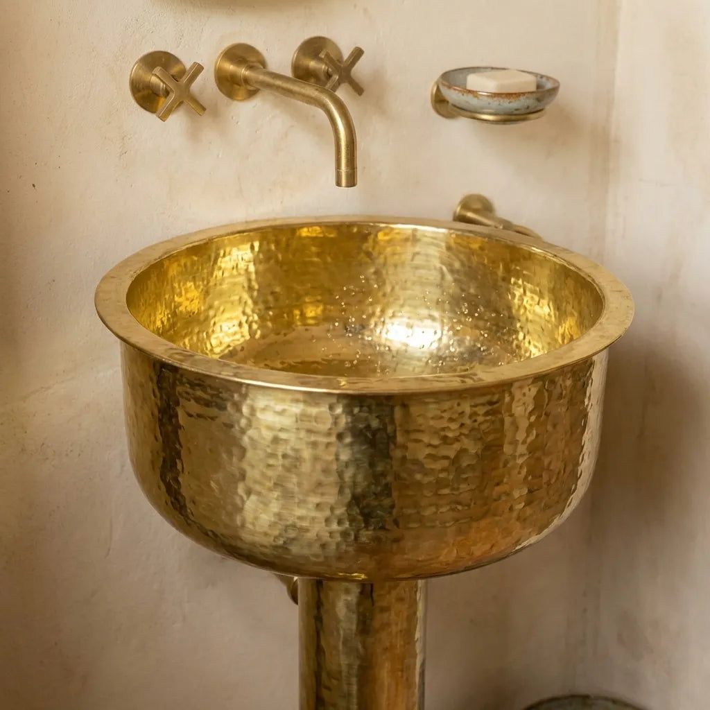 Round Hammered Brass Pedestal Sink – Handmade Unlacquered Vintage Basin