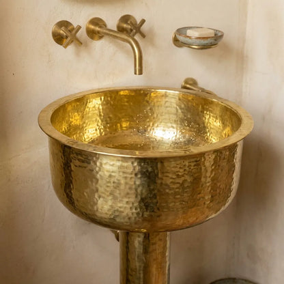 Round Hammered Brass Pedestal Sink – Handmade Unlacquered Vintage Basin