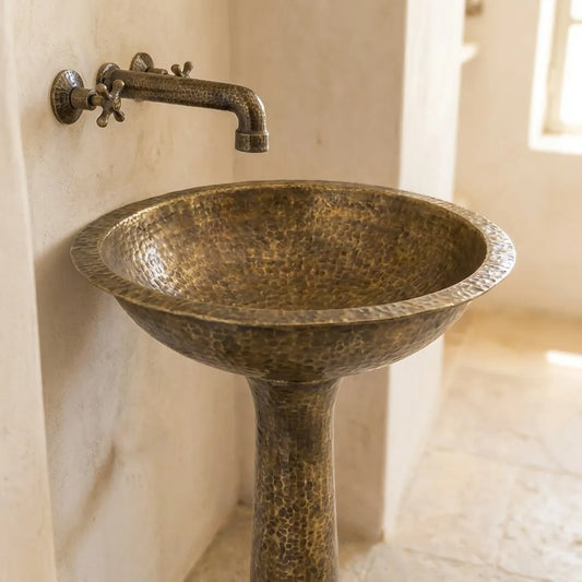 Freestanding Vintage Patina Brass Pedestal Sink – Handmade Old-World Bathroom Sink