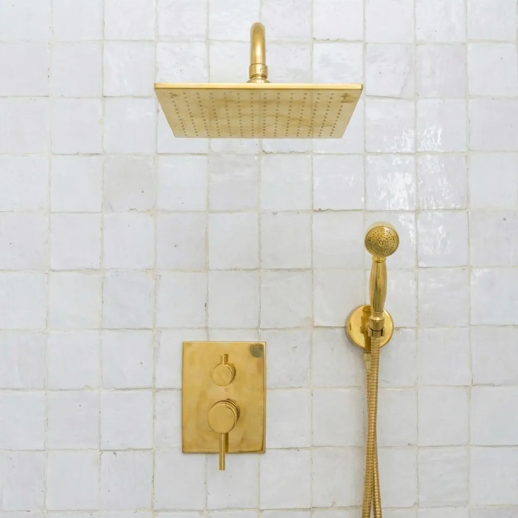 Luxury Unlacquered Brass Rain Shower System – Wall Mounted with Handheld Sprayer