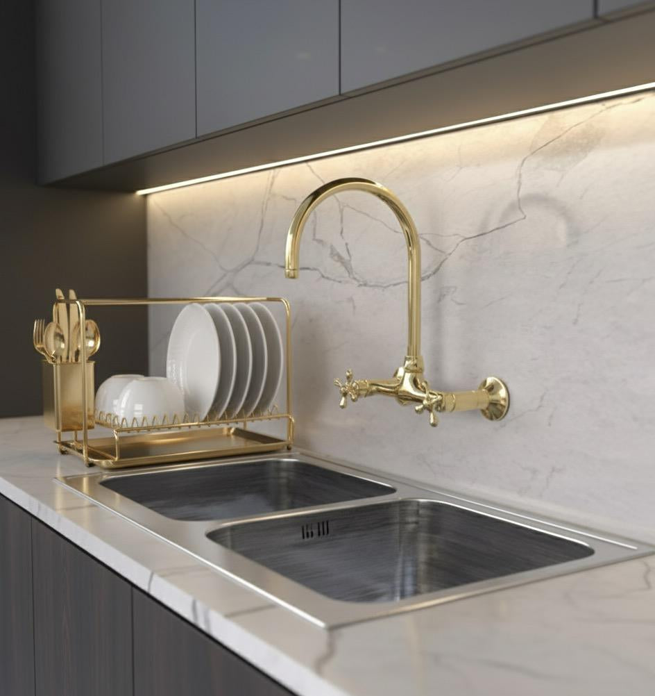 Vintage Brass Wall-Mount Kitchen Faucet – 8” Spread | Brasska