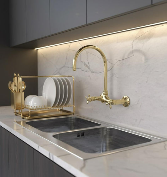 Vintage Brass Wall-Mount Kitchen Faucet – 8” Spread | Brasska