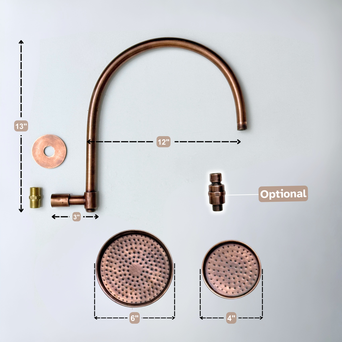 Antique Copper Rain Shower Head with Arcuate Arm, Adjustable Copper Shower Head