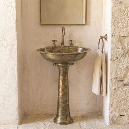 Handcrafted Hammered Brass Pedestal Sink – Vintage Unlacquered Bathroom Basin