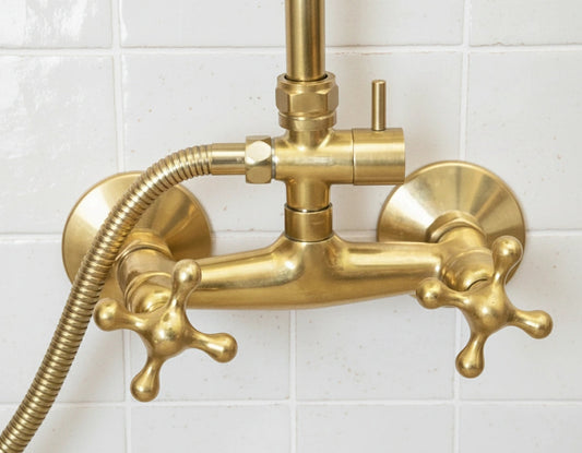 Unlacquered Brass Shower System – Wall Mount Mixer with Handheld