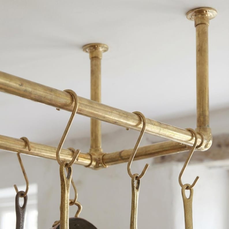 Solid Brass Ceiling Pot Rack – Handmade Hanging Kitchen Rail with Hooks