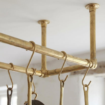 Solid Brass Ceiling Pot Rack – Handmade Hanging Kitchen Rail with Hooks