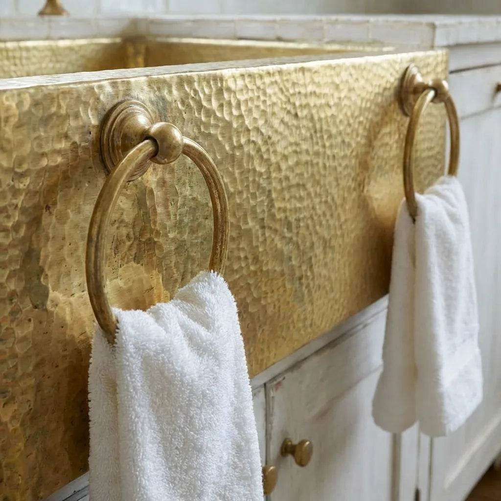 Hammered Brass Farmhouse Sink with Towel Rings – Handmade Apron-Front Kitchen Sink