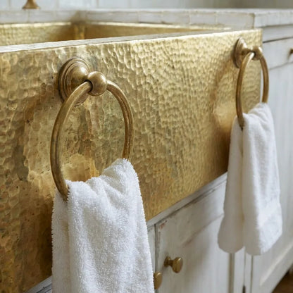 Hammered Brass Farmhouse Sink with Towel Rings – Handmade Apron-Front Kitchen Sink