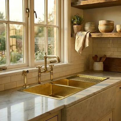 Drop-In Double Bowl Brass Kitchen Sink With Drainboard-Vexa
