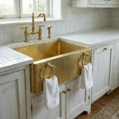 Hammered Brass Farmhouse Sink with Towel Rings – Handmade Apron-Front Kitchen Sink