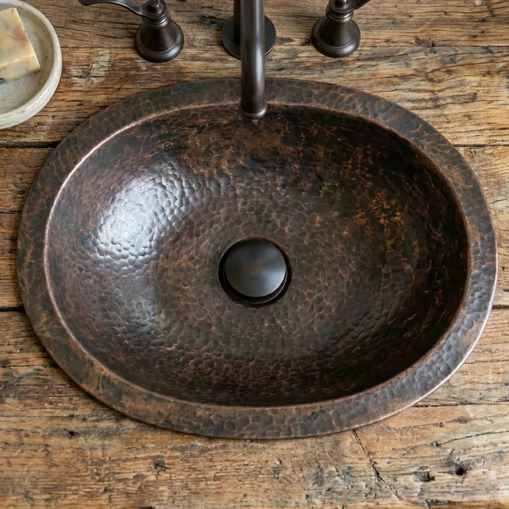 Oil Rubbed Bronze Oval Copper Sink – Hand-Hammered Drop-In Bathroom Basin