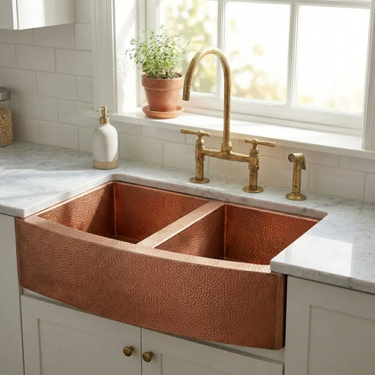 Double-Bowl Hammered Copper Farmhouse Kitchen Sink - Kova