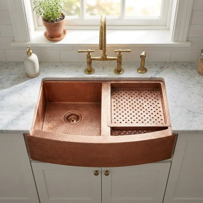 Double-Bowl Hammered Copper Farmhouse Kitchen Sink - Kova