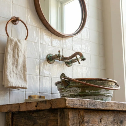 Green Patina Copper Bucket Sink – Handmade Round Vessel Basin with Handles