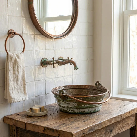 Green Patina Copper Bucket Sink – Handmade Round Vessel Basin with Handles